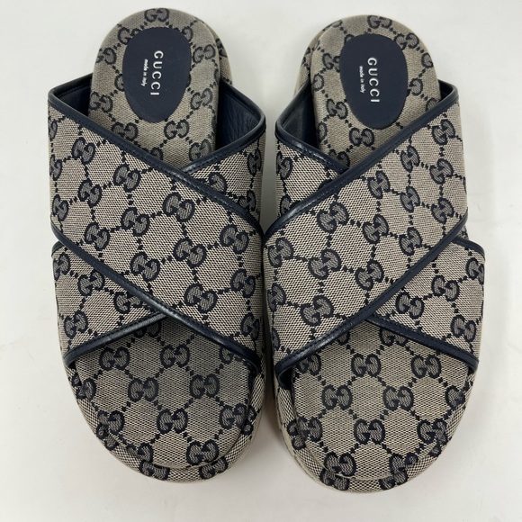 Gucci Angelina GG Monogram Criss Cross Canvas Leather Blue Platform Mule size 40 - Picture 2 of 8